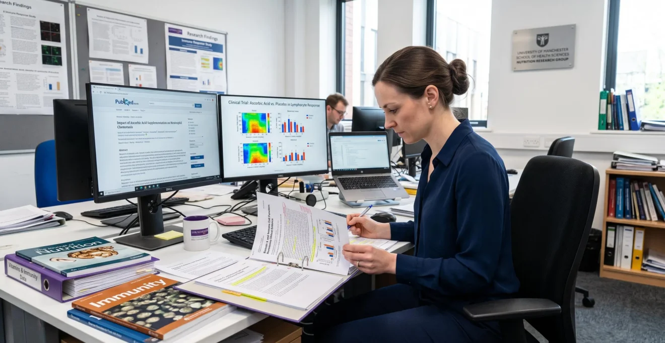 Nutrition researcher reviewing peer-reviewed clinical studies on vitamin C immune function in contemporary UK university research department