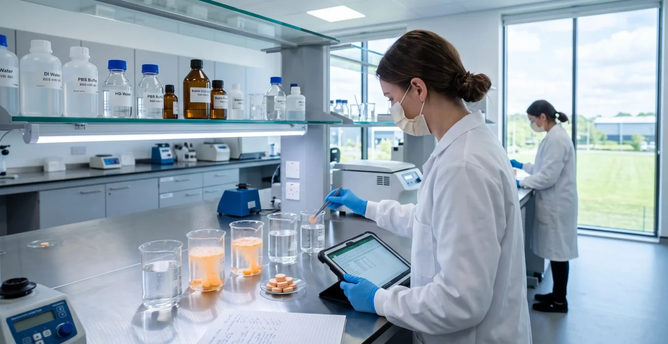 Professional laboratory technician examining effervescent vitamin C tablets in modern pharmaceutical research facility with NHS-standard equipment
