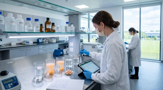 Professional laboratory technician examining effervescent vitamin C tablets in modern pharmaceutical research facility with NHS-standard equipment