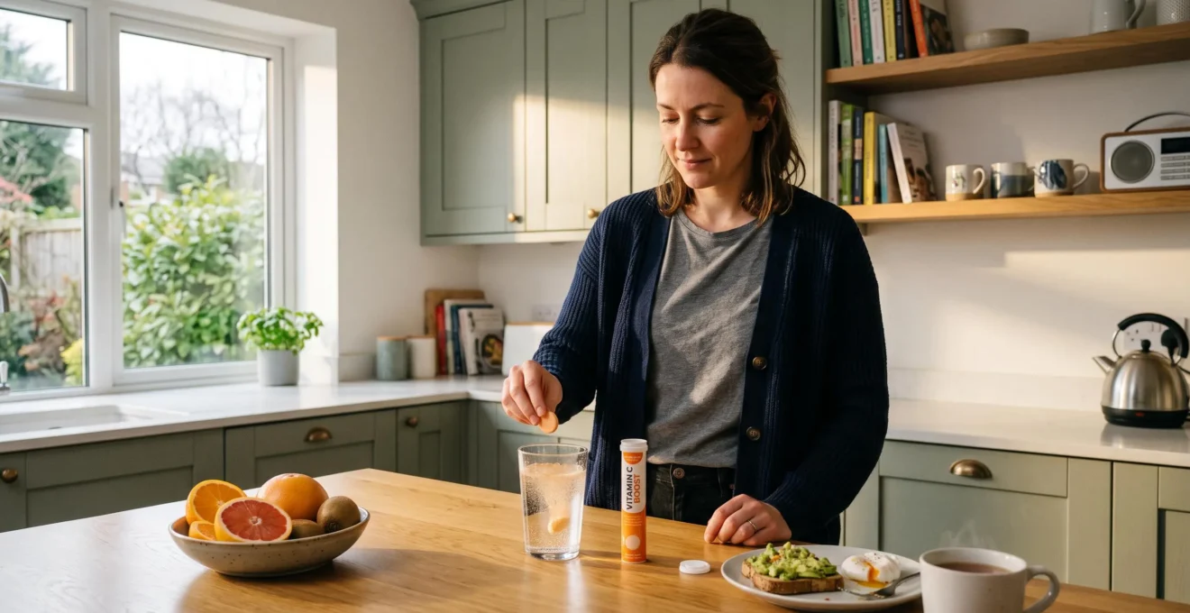 Professional woman preparing effervescent vitamin C supplement with healthy breakfast in contemporary British kitchen during morning routine